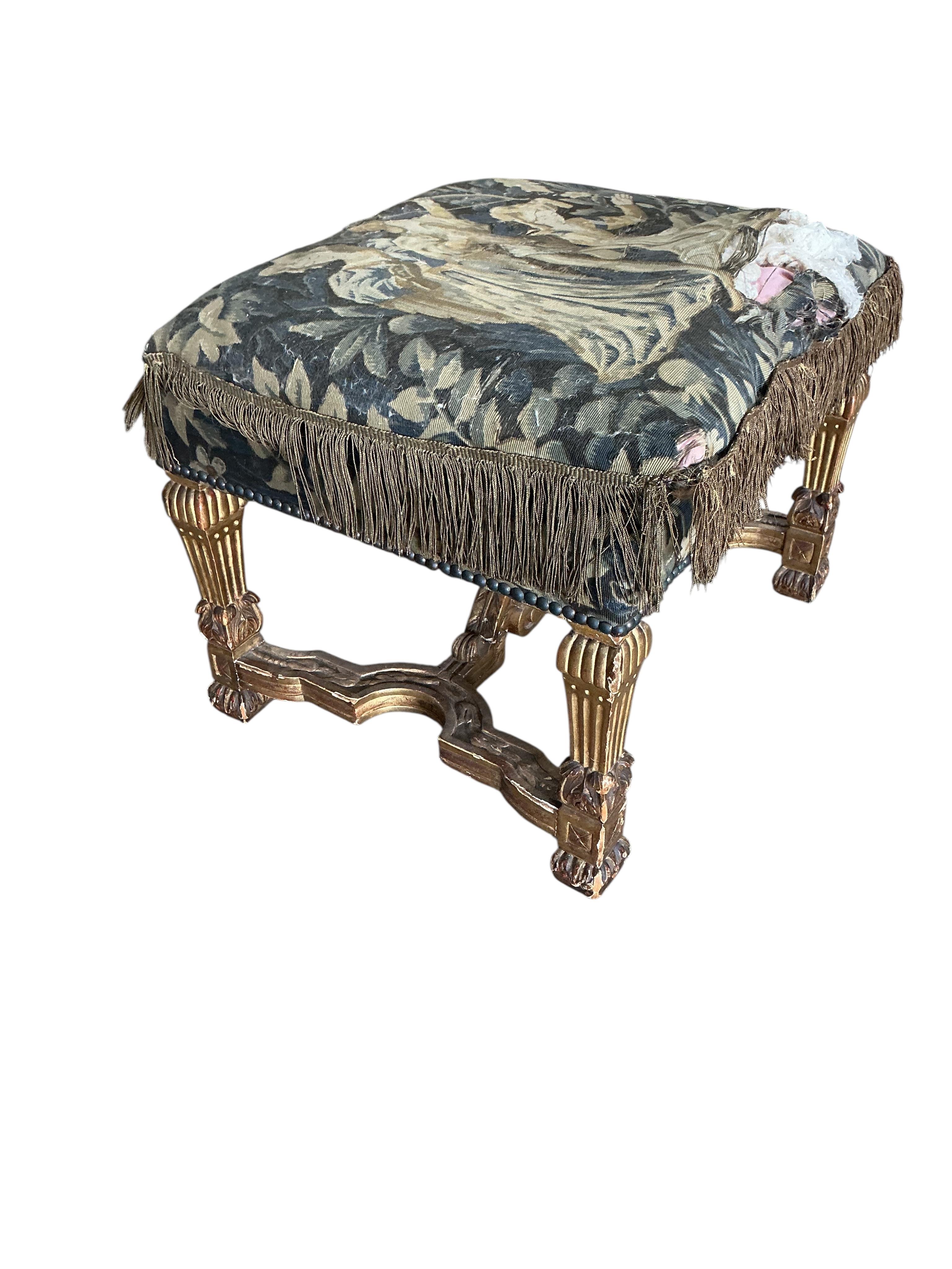 A Louis XIV style giltwood stool, width 56cm, depth 46cm, height 46cm